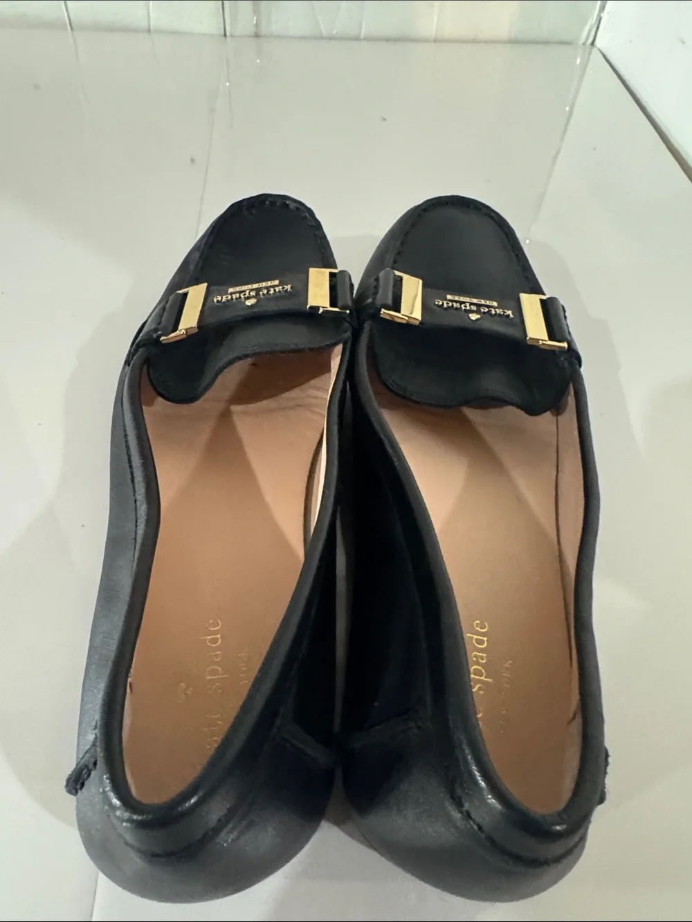 kate spade Black Leather Loafers with Gold Buckle Accents